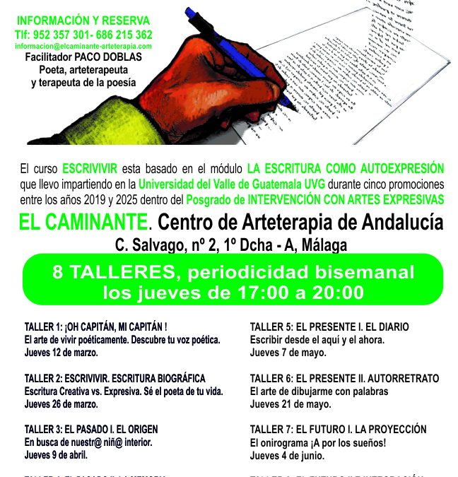 Nuevo curso ESCRIVIVIR 2026 en el Centro de Arteterapia EL CAMINANTE. Málaga, empezamos el jueves 12 de marzo.